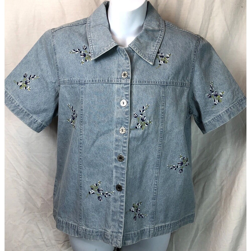 NWT Cropped Blue Jean Top S Lt Blue Embroidered Floral Boho Cottage Hippie